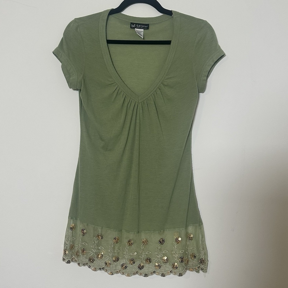 Vtg Y2K Self Esteem Olive Green Deep V Neck Top Sz Med Boho‎ Lace Sequin Hem